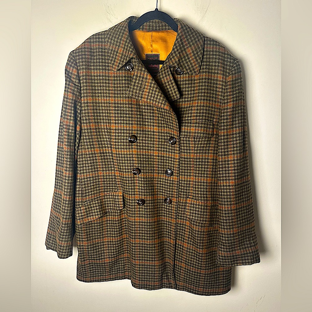 WALLACHS Vintage Men’s Luxe Wool & Cashmere Double-Breasted Plaid Coat Size 44R